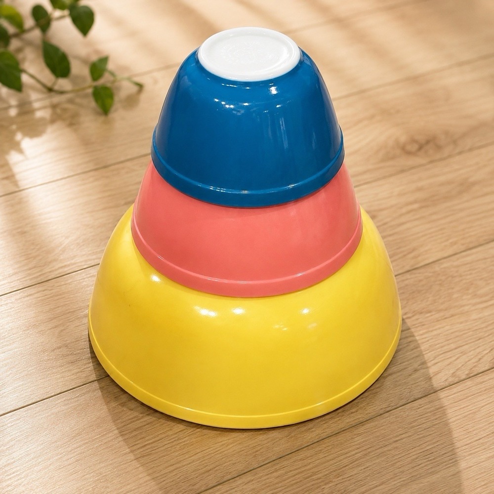Vintage Pyrex 3 Pc Nesting Mixing Bowl Set Blue Pink Yellow 401 402 403 USA